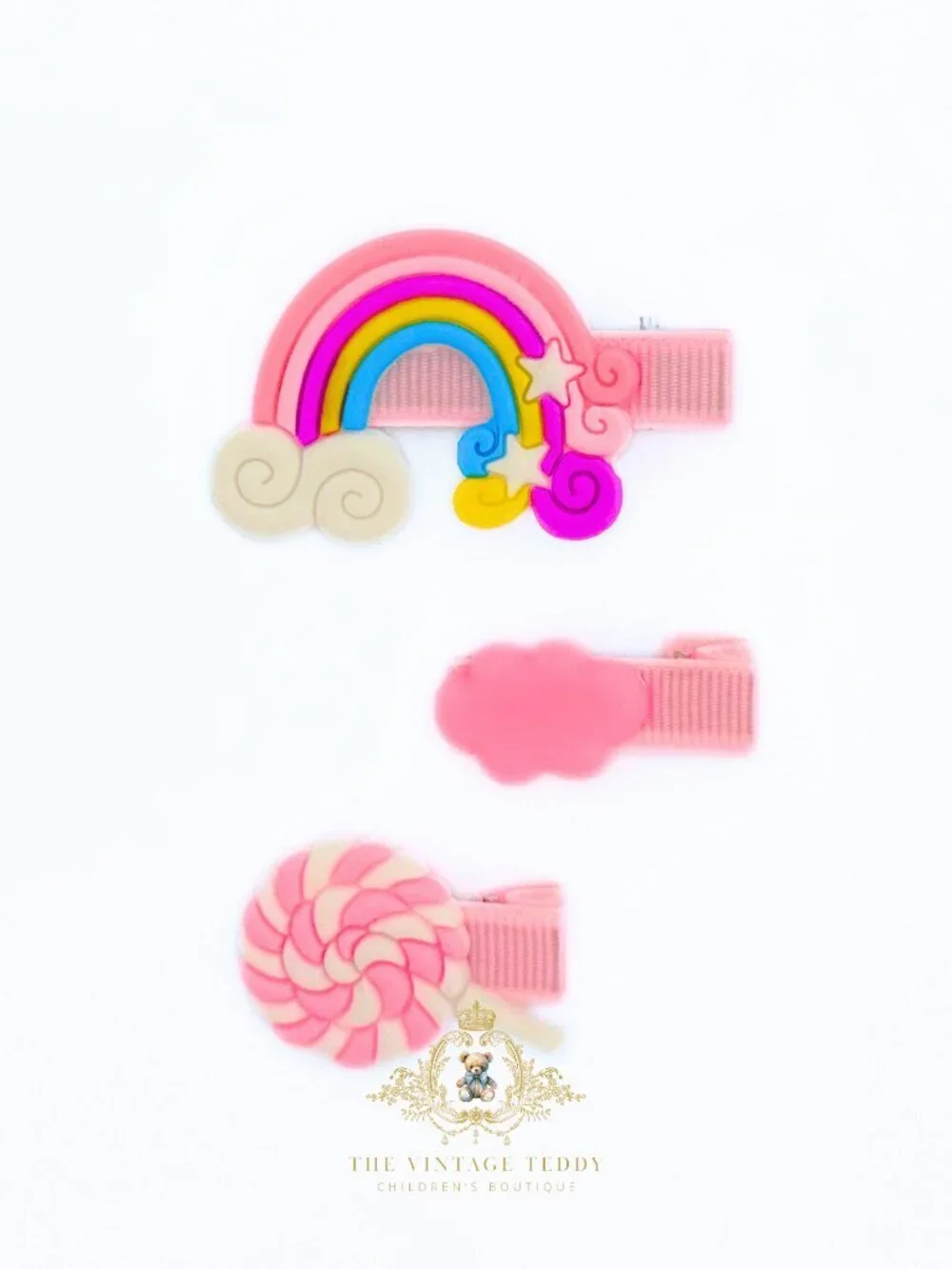NWT Cute Girls Hair Accessories Rainbow, Cloud & Lollipop Kids Hair Clips Pink